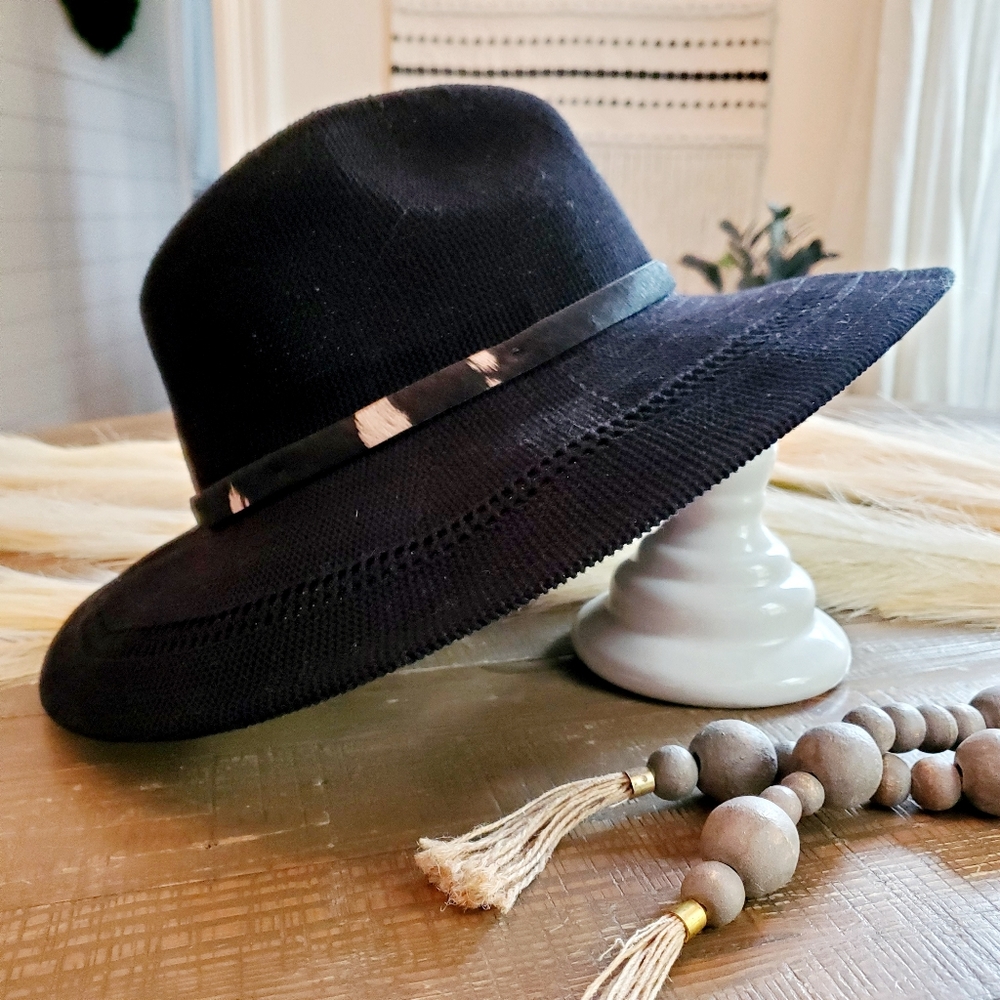 WYETH x Anthropologie Cowhide Panama Black Open Weave Fedora Hat